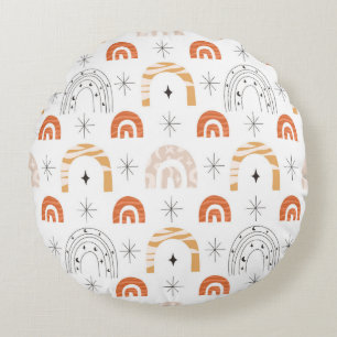 Boho retro rainbow line art moon stars round cushion