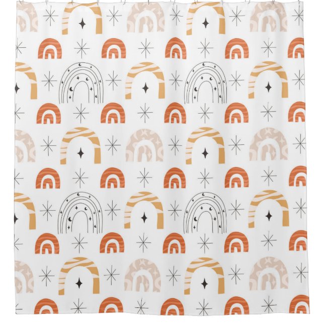 Boho retro rainbow line art moon stars shower curtain (Front)