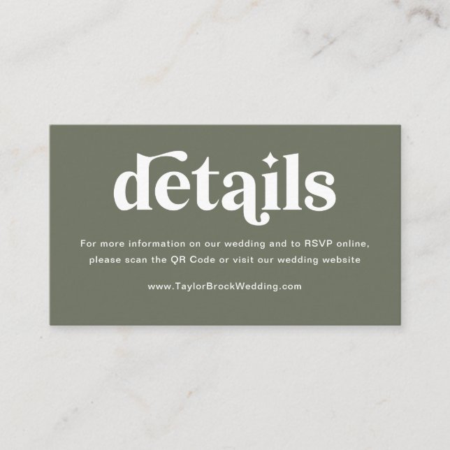 Boho Retro Sage Green Wedding Website Enclosure Card (Front)