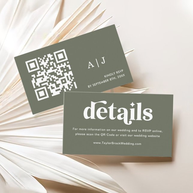 Boho Retro Sage Green Wedding Website Enclosure Card (Creator Uploaded)