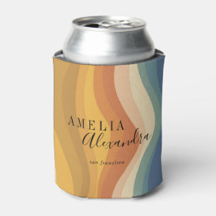 Boho Retro Script Abstract Wavy Lines Yellow Blue Can Cooler