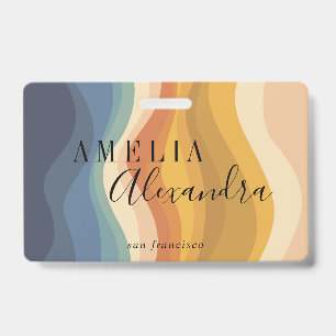 Boho Retro Script Abstract Wavy Lines Yellow Blue ID Badge