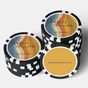 Boho Retro Script Abstract Wavy Lines Yellow Blue Poker Chips