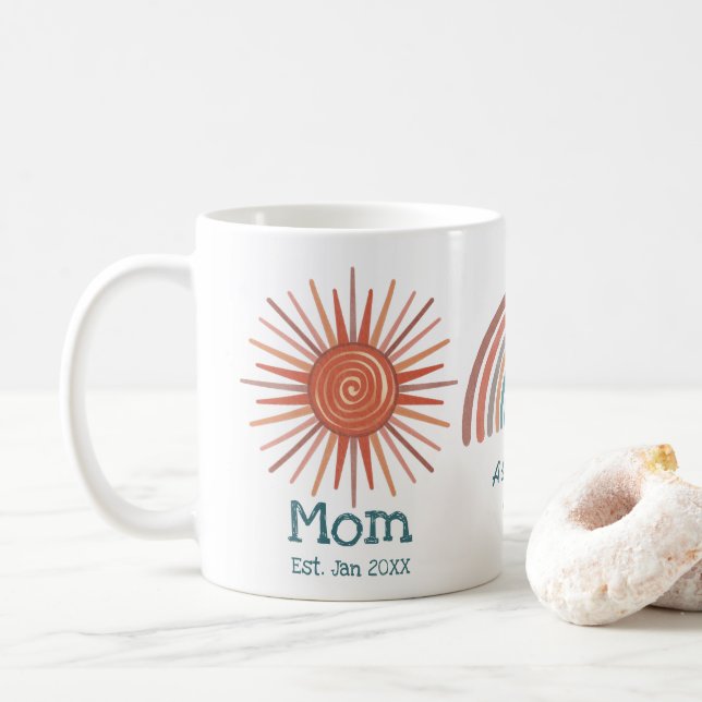 Boho Retro Sun Rainbow Moon Mum Established Coffee Mug (With Donut)