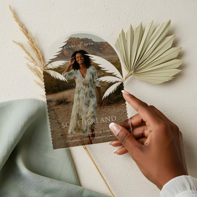 Boho Retro Tropical Palm Tree Graduation Photo Acrylic Invitations (Boho Retro Tropical Palm Tree Graduation Photo Acrylic Invitations)