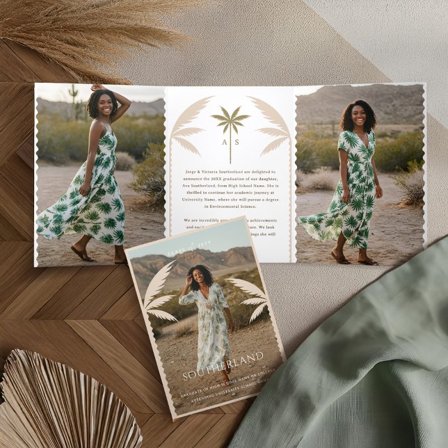 Boho Retro Tropical Palm Tree Graduation Photo Tri-Fold Announcement (Boho Retro Tropical Palm Tree Graduation Photo Tri-Fold Announcement)
