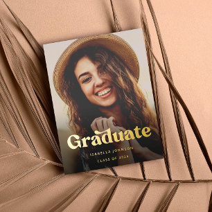 Boho Retro Typography Photo Graduation Foil Invitation Postcard