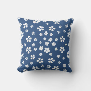 Boho retro white wildflower blue cushion