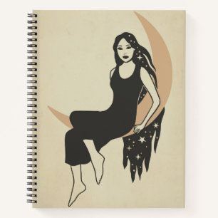 Boho retro woman stars long hair crescent moon  notebook