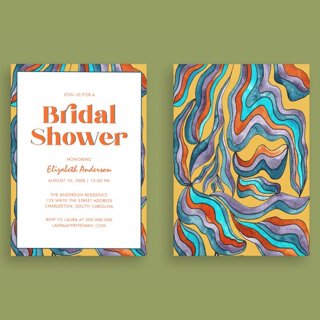 Boho Retro Yellow Typography Wavy Bridal Shower Invitation (Front and Back)