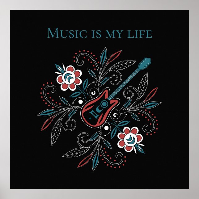 Boho Rock’n’Roll guitar with flowers Poster (Front)