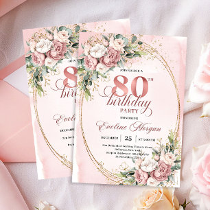 Boho Romantic Blush Pink Floral Gold 80th Birthday Invitation
