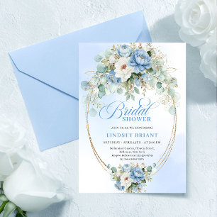 Boho Romantic Pastel Blue Peony Gold Bridal Shower Invitation