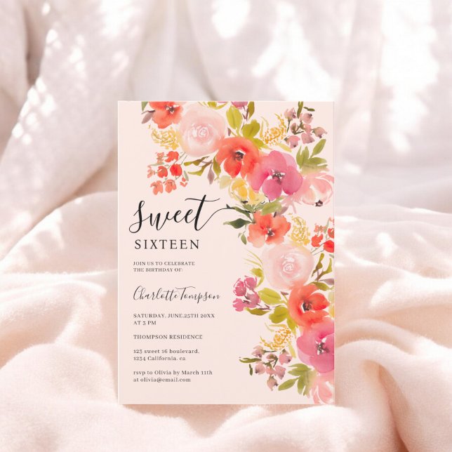 Boho romantic pretty floral script pink sweet 16 invitation (Boho romantic pretty floral script pink sweet 16 invitation)