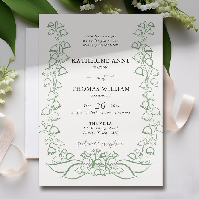 Boho Romantic Sketch Green Lily Valley Wedding Invitation (lily of the valley wedding invitation formal non traditional elegant green floral sketch fine art)
