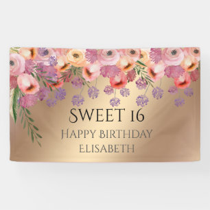 Boho romantic watercolor floral sweet 16 party banner