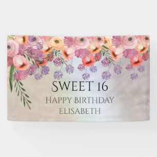Boho romantic watercolor floral sweet 16 party banner