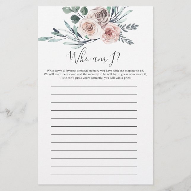 Boho Rose Baby Shower Who Am I Game (Front)