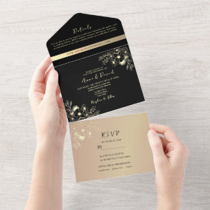 Boho Rose Gold and Black Wedding All In One Invitation