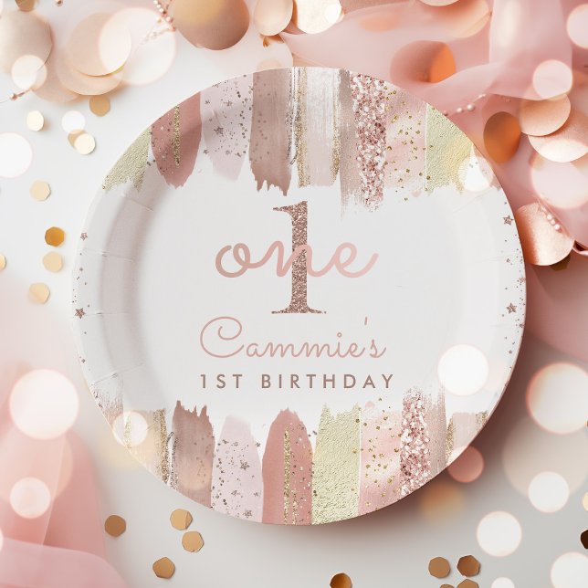 Boho Rose Gold Blush Rainbow 1st Birthday Party Paper Plate (Creator Uploaded)