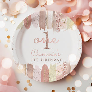 Boho Rose Gold Blush Rainbow 1st Birthday Party Paper Plate