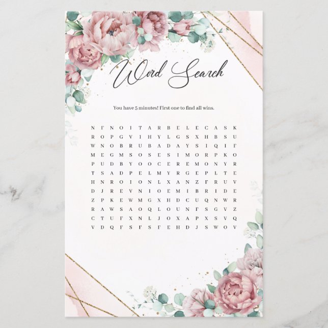 Boho rose gold eucalyptus greenery Word Search (Front)
