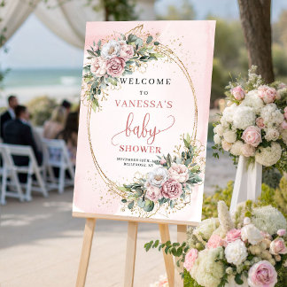 Boho Rose Gold Floral Baby Shower Welcome Sign