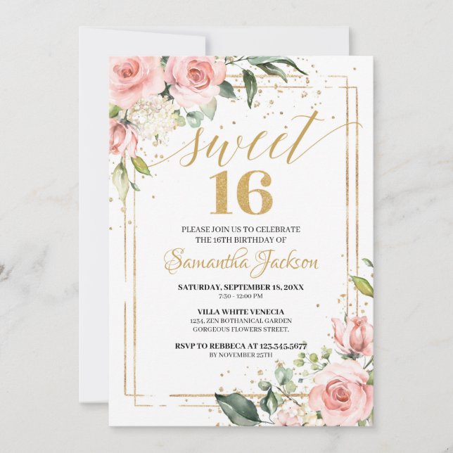 Boho rose gold floral eucalyptus gold 16th invitation (Front)