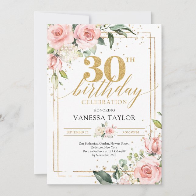 Boho rose gold flowers eucalyptus & gold 30th invitation (Front)