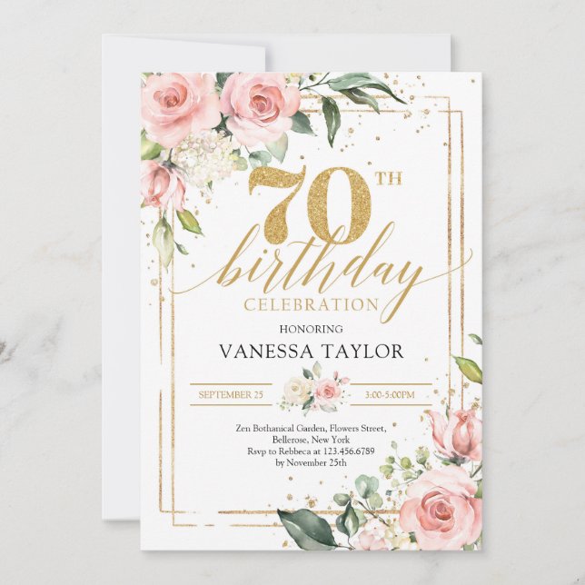 Boho rose gold flowers eucalyptus & gold 70th invitation (Front)