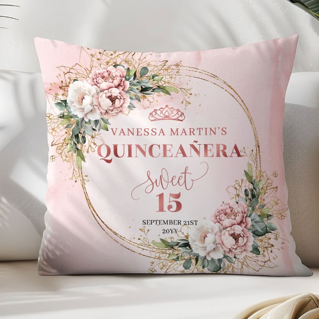 Boho Rose Gold Flowers Greenery Perfect Gift 15th Cushion (Rose Gold Flowers Greenery Perfect Gift 15th Pillow)