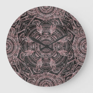 Boho Rose Gold Gray Mandala Elegant Design Large Clock