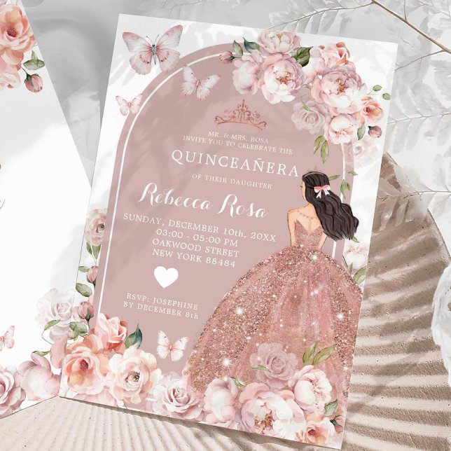 Boho Rose Gold Mexican Girl Princess Quinceañera Invitation (Creator Uploaded)