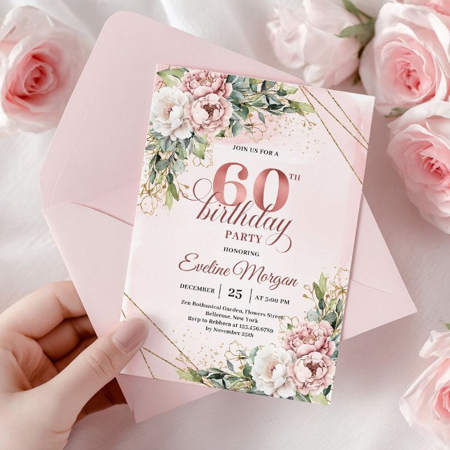 Boho Rose Gold Shimmering Blush Pink 60th Birthday Invitation (Rose Gold Shimmering Blush Pink 60th Birthday Invite)