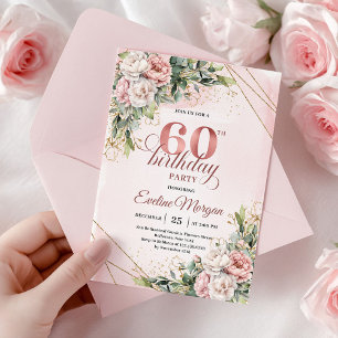 Boho Rose Gold Watercolor Floral 60th Birthday  Invitation