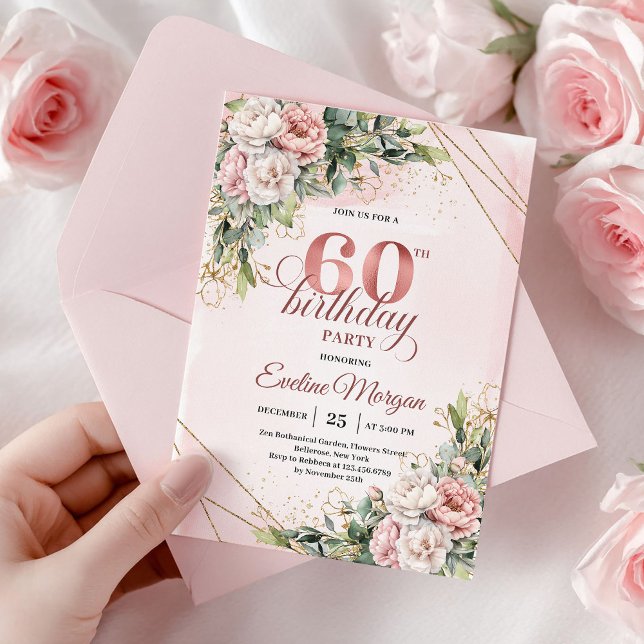 Boho Rose Gold Watercolor Floral 60th Birthday  Invitation (Boho Rose Gold Watercolor Floral 60th Birthday Invite)