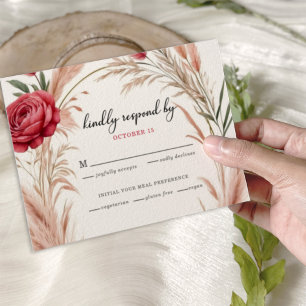 Boho Rose Pampas Grass Wedding  RSVP Card