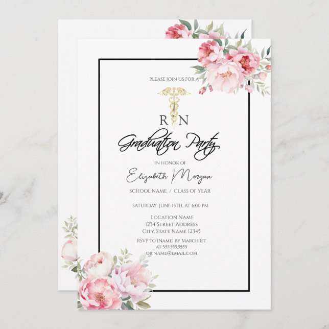 Boho Roses Black Frame RN Nurse Graduation Party  Invitation (Front/Back)