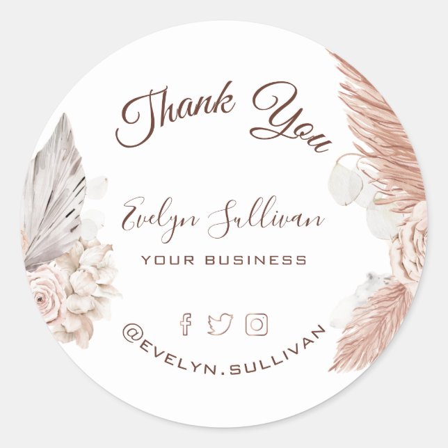 Boho Roses Business Thank you Classic Round Sticker (Front)