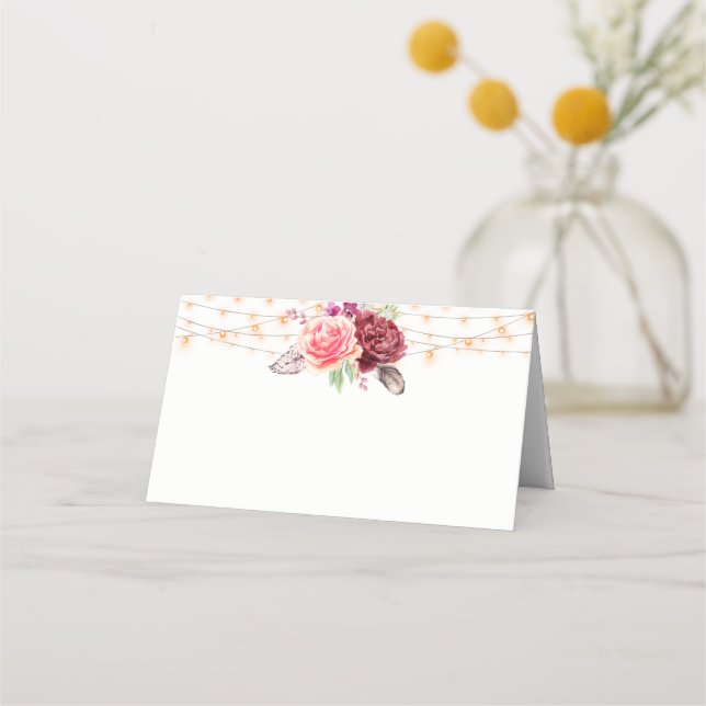 Boho Roses Feathers Lights Wedding Place Card (Front)