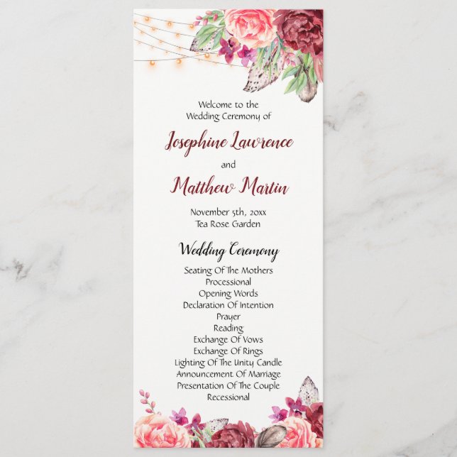 Boho Roses Feathers Lights Wedding Programme (Front)