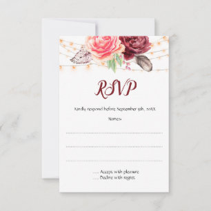 Boho Roses Feathers Lights Wedding RSVP Card