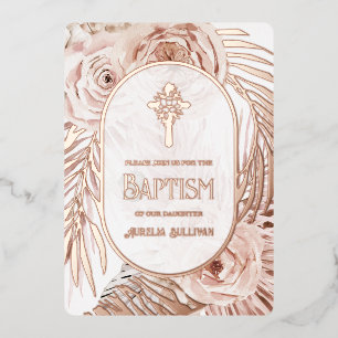 Boho Roses Floral Cross Baptism Foil Invitation