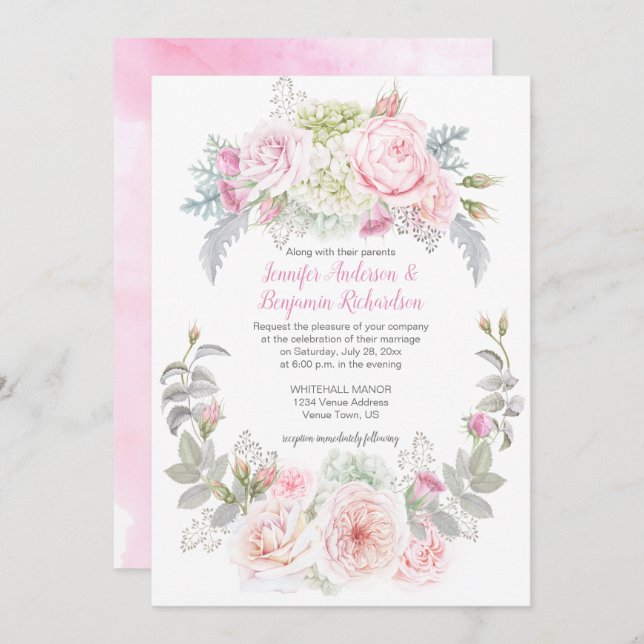 Boho Roses Hydrangeas Floral Wedding Invitations (Front/Back)