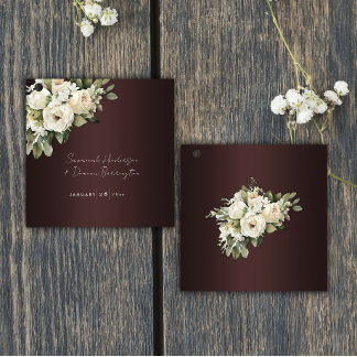 Boho Roses on Elegant Burgundy Wedding Favour Tags