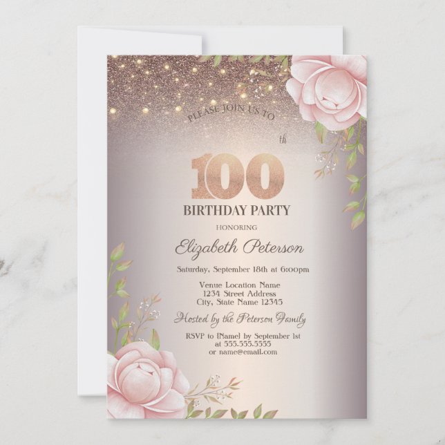 Boho Roses,String Lights Glitter 100th Birthday Invitation (Front)
