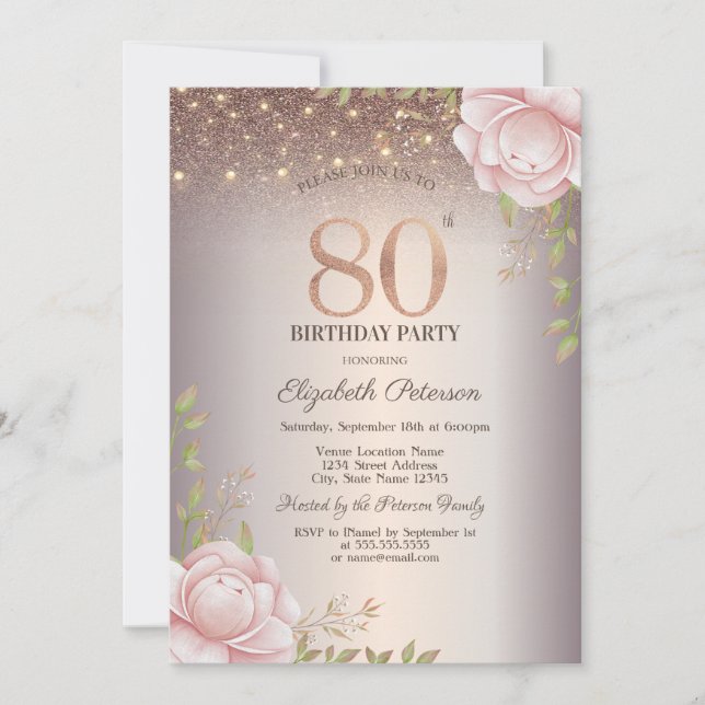 Boho Roses,String Lights Glitter 80th Birthday Invitation (Front)
