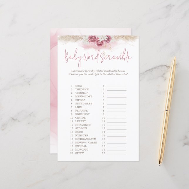 Boho Roses Word Scramble Animals Baby Shower Game (Front/Back In Situ)