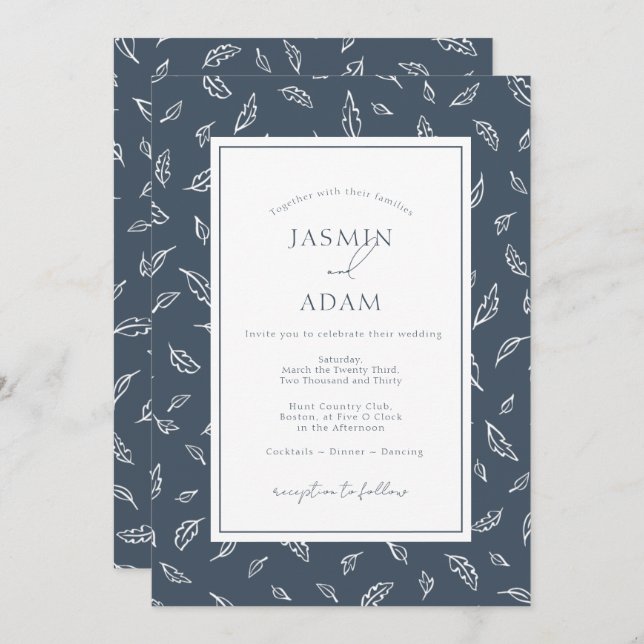 Boho Royal Blue Opulence Leaves Photo Wedding Invitation (Front/Back)