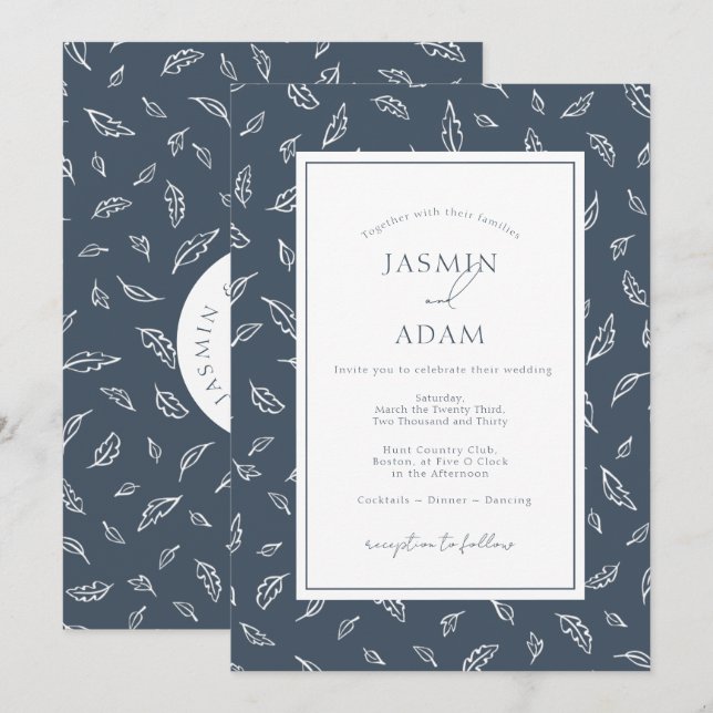 Boho Royal Blue Opulence Leaves Wedding Invitation (Front/Back)